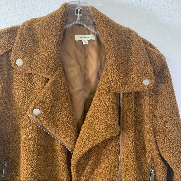 Max Studio Brown Women's Faux Sherpa Moto Teddy Bear Jacket Coat Size Small - Picture 10 of 12